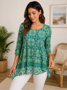 Ruby Rd. Sz S Turquoise Green Floral Burnout Knit Top 3/4 Sleeve Curved Hem